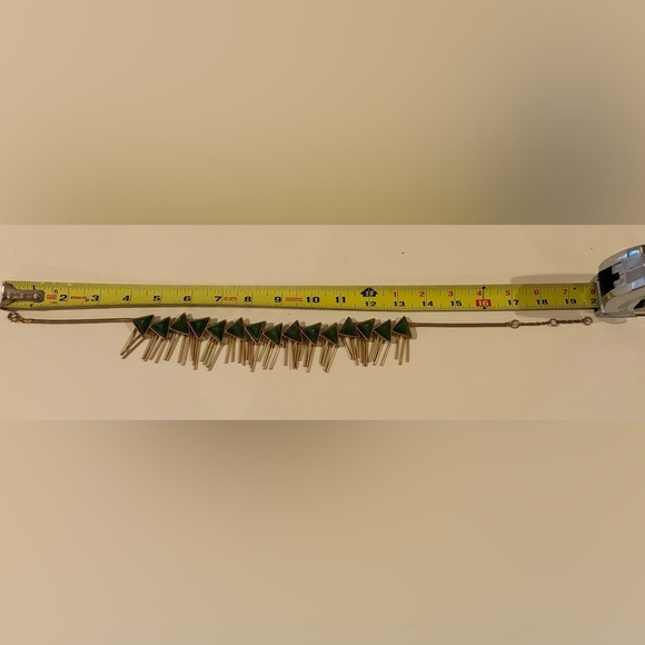 Vintage 1970’s Green Glass Triangles + Brass Bohemian Fringe Necklace - Picture 5 of 5